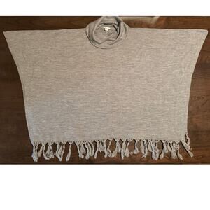 Grey Poncho 100% Wool Cowl Turtleneck Tassel Fringe Garnet Hill